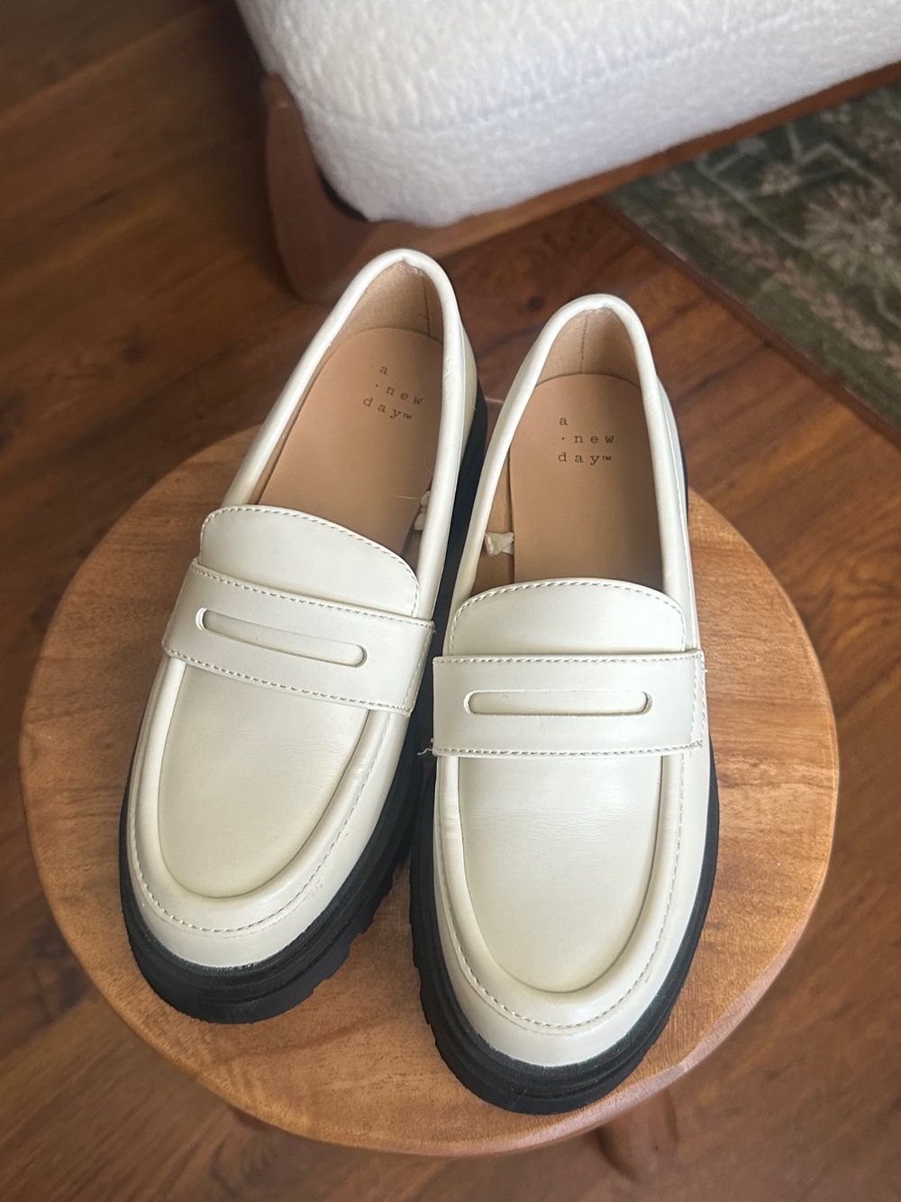 a new day Cream Penny Loafers with Black Lug Sole